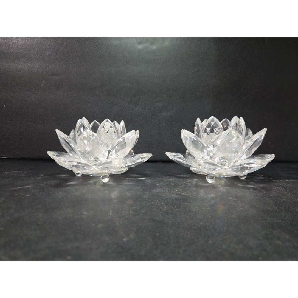 Swarovski‎ Silver Crystal Lotus Flower Candlestick Holders, Set of 2, Water Lily